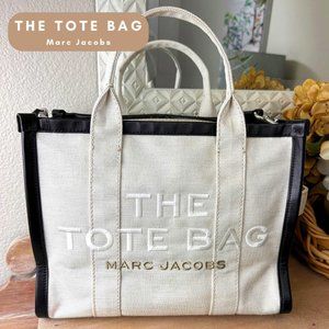 Marc Jacobs The Tote Bag Neutral Natural Linen Leather Trim Logo Utility Tote
